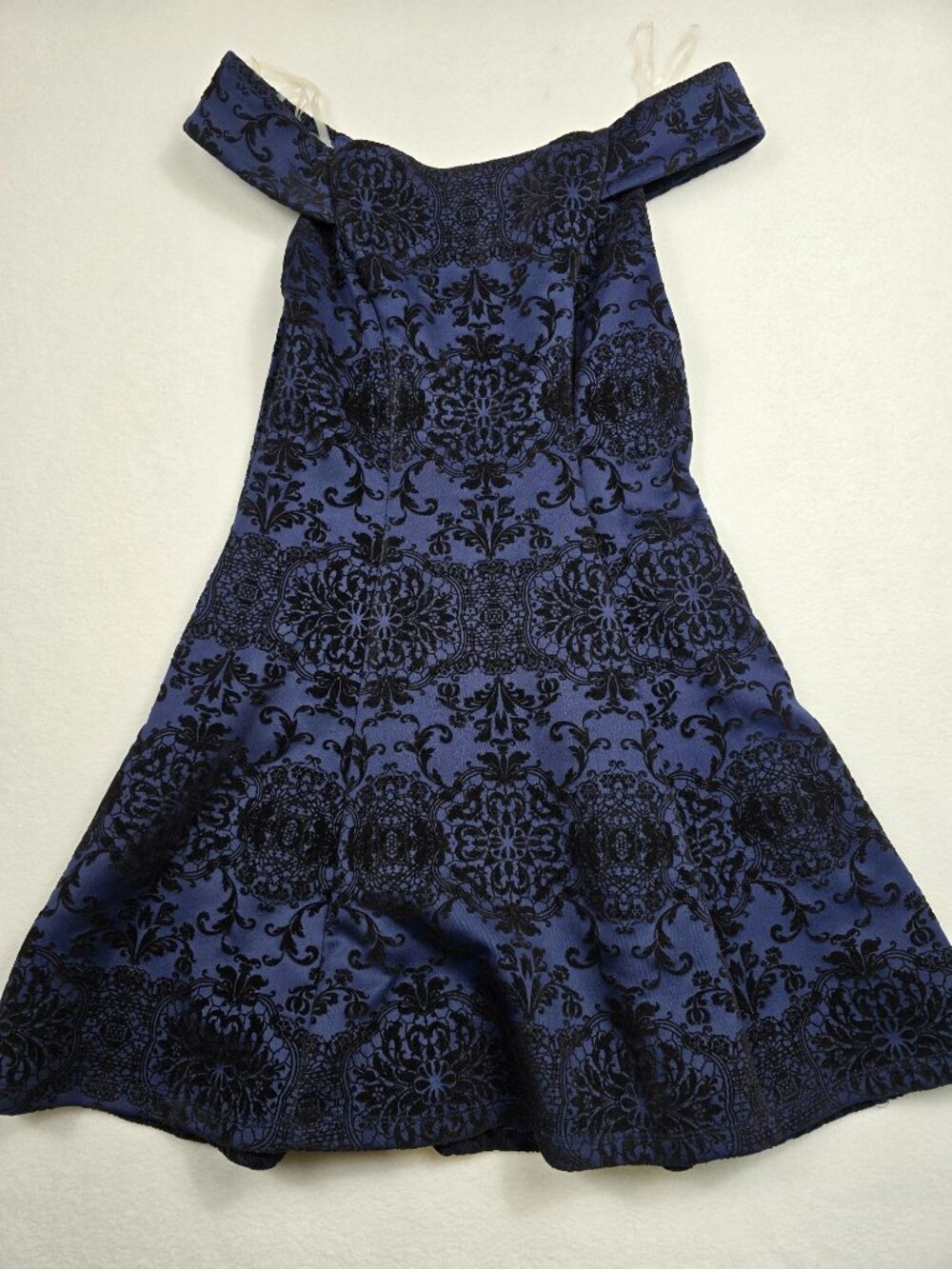 Teeze Me Small Off-Shoulder Blue-Black Velvet Burnout Patterned Dress By 3/4
